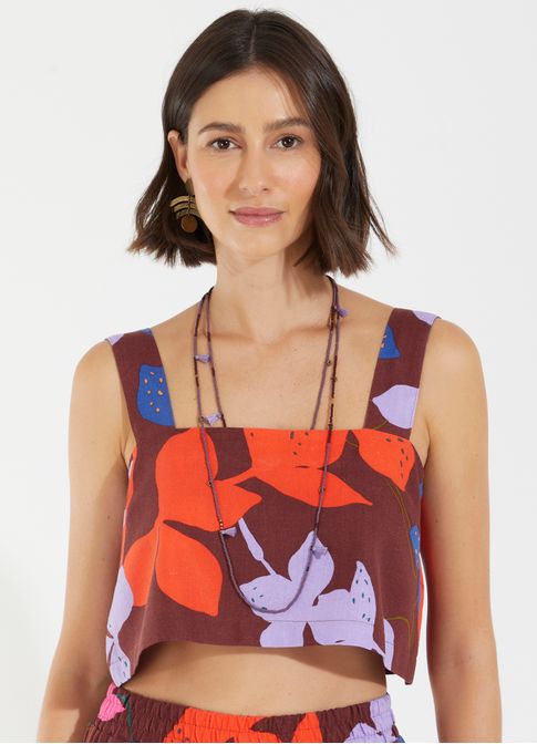 Cropped quadrado linho estampado hortelã