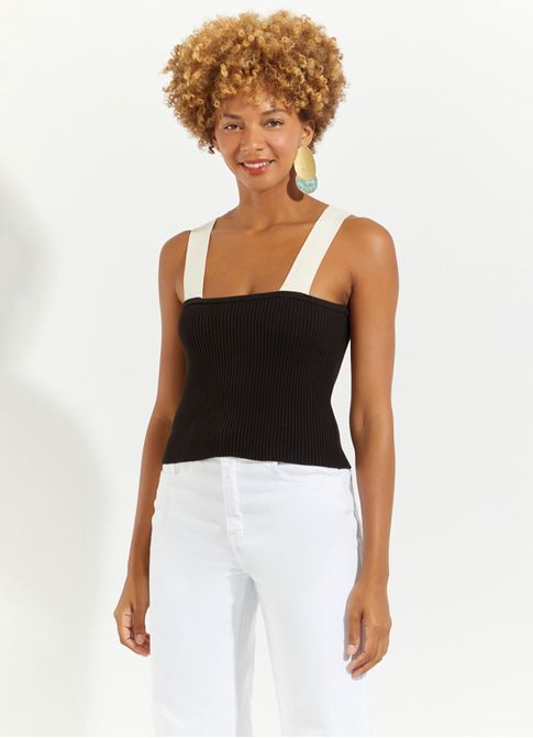 Blusa tricot bicolor branco/preto