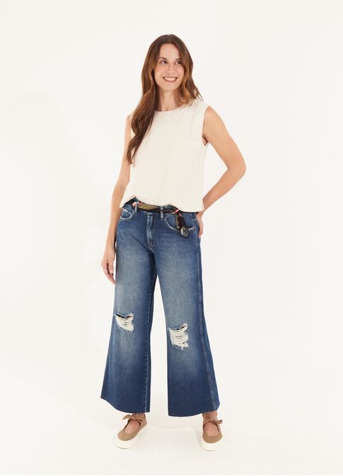Calça jeans pantalona rasgos jeans