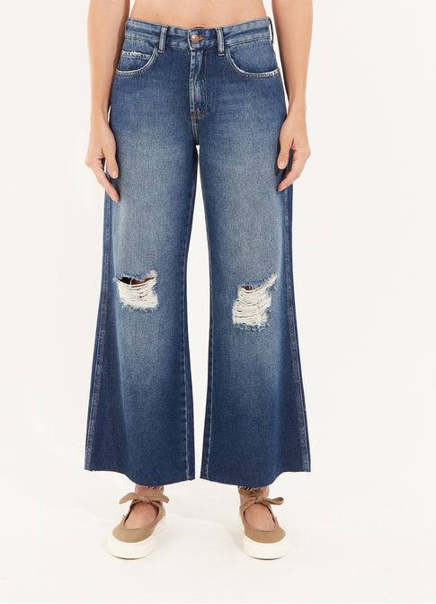 Calça jeans pantalona rasgos jeans