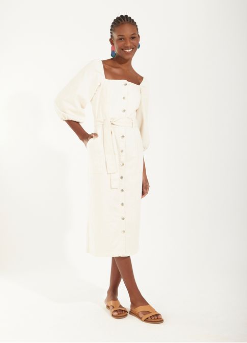 Vestido sarja botões com faixa off white