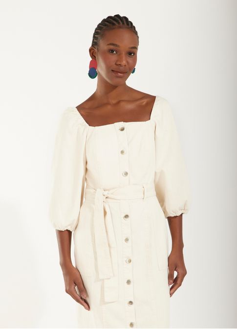 Vestido sarja botões com faixa off white