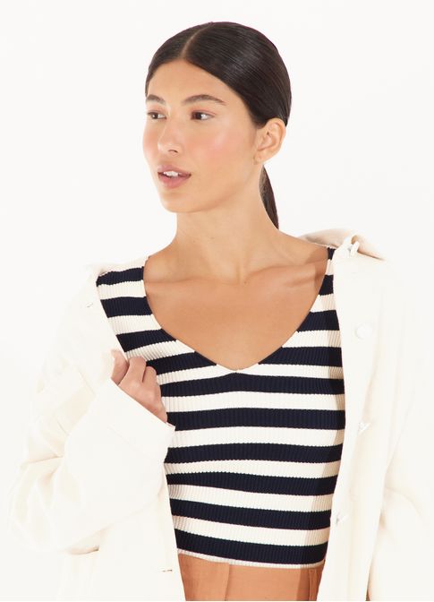 Blusa tricô canelado decote v listras azul marinho