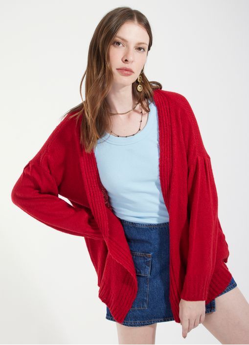 Cardigan tricô manga bufante vermelho