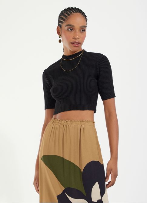 Cropped tricô canelado preto