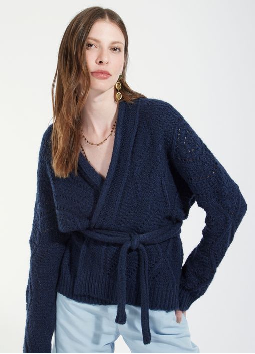 Cardigan amarração tricô soft azul marinho