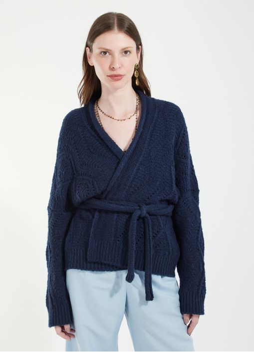 Cardigan amarração tricô soft azul marinho