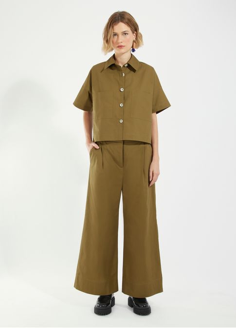Calça alfaiataria algodão sarjado verde escuro
