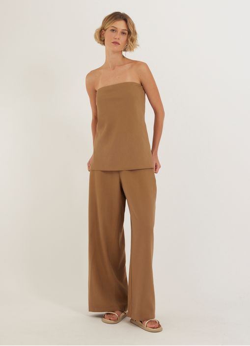 Blusa tomara que caia viscose cupro marrom