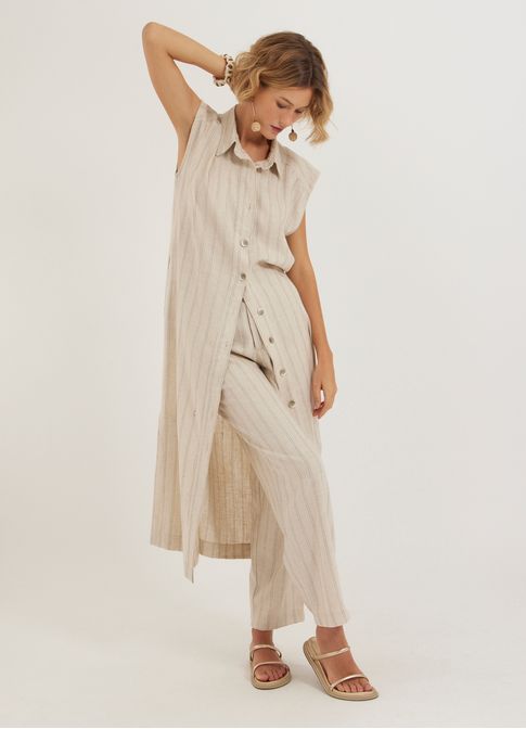 Vestido chemisier listra linho trama