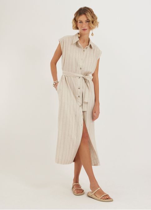 Vestido chemisier listra linho trama