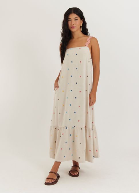 Vestido linho bordado artesã
