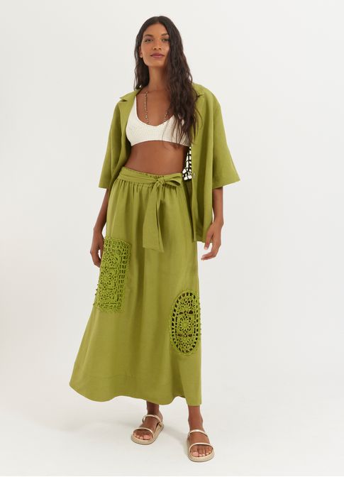 Saia linho crochê tramado verde