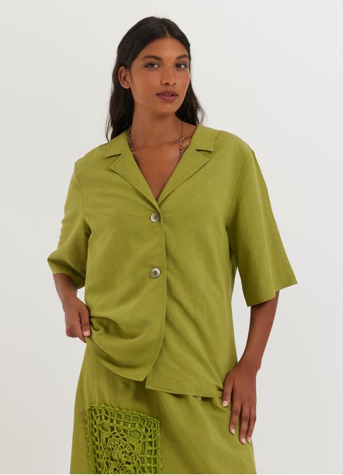 Camisa linho crochê tramado verde