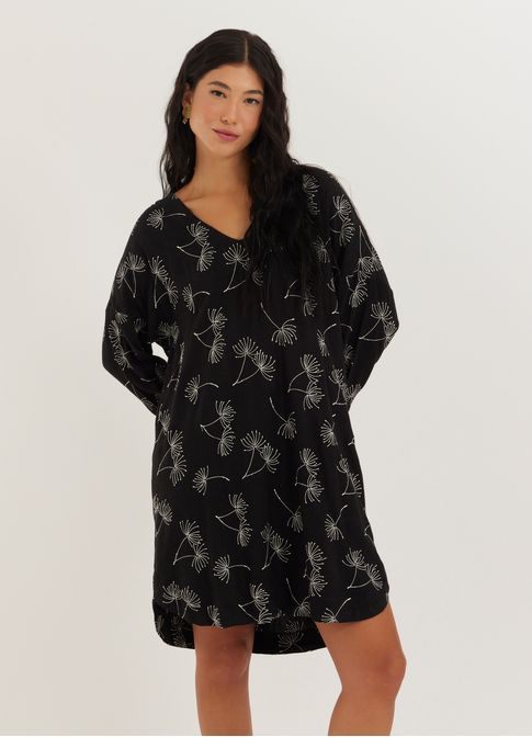 Vestido túnica linho bordado dente de leão