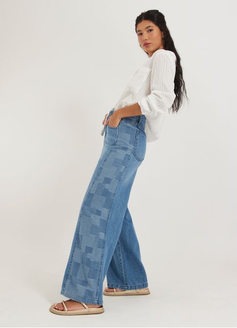 Calça jeans wide leg lateral patchwork jeans