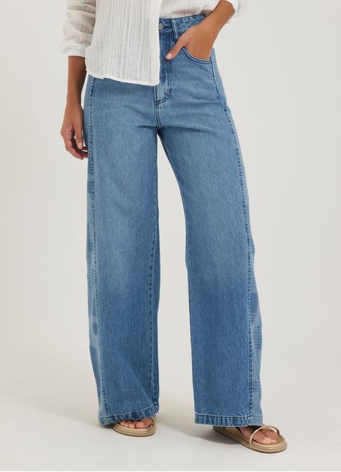 Calça jeans wide leg lateral patchwork jeans