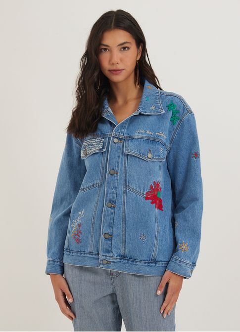 Jaqueta jeans silk bordado artsy jeans