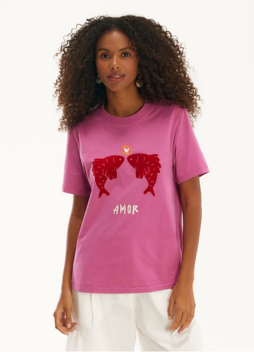 T-shirt classic amor bordada rosa