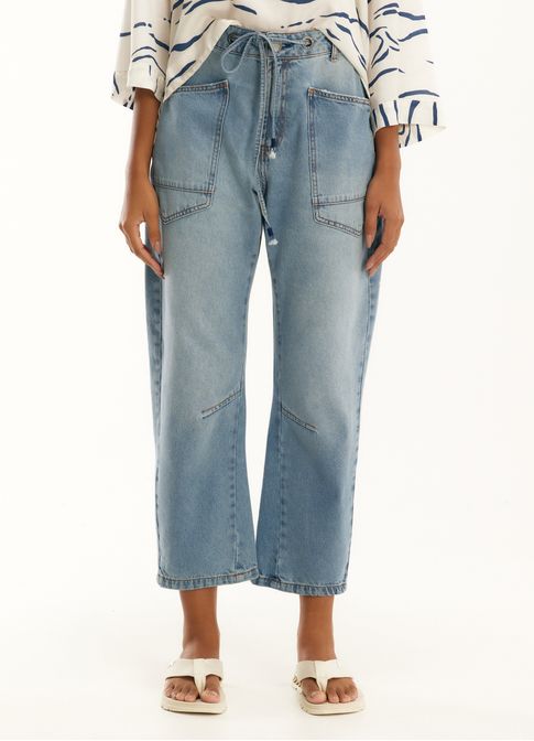 Calça jeans ilhoses navy areia