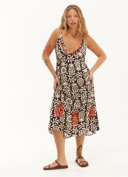 Vestido midi bordado estampado abacaxis
