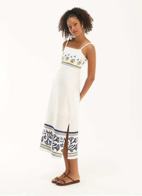 Vestido alça linho bordado corais