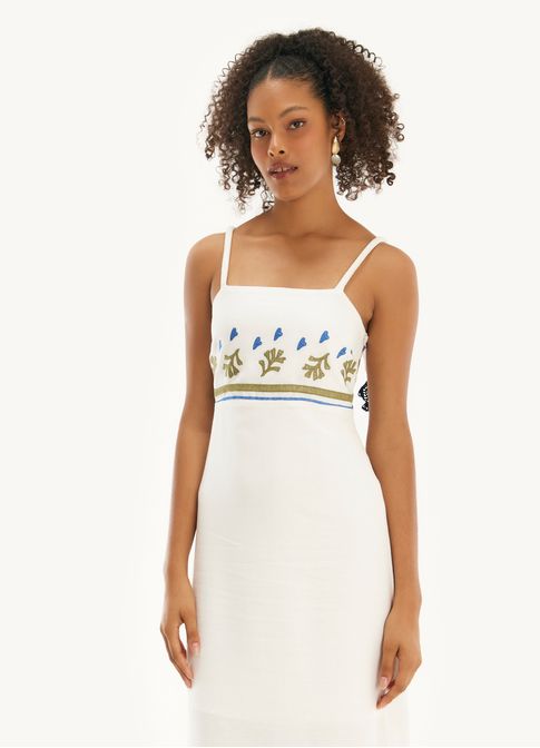 Vestido alça linho bordado corais