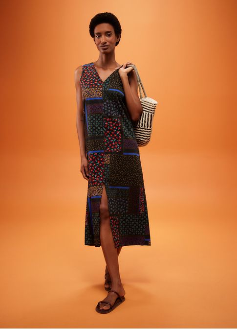 Vestido midi fenda estampado kiri