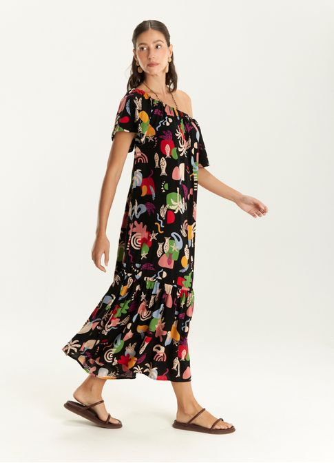 Vestido ombro estampado praiana