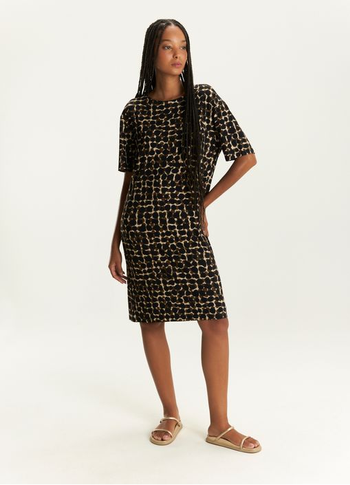 Vestido curto malha estampado leopardo preto