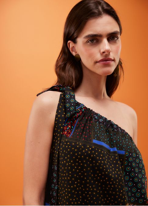 Vestido amplo ombro estampado kiri