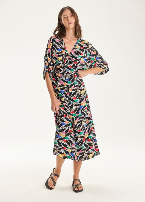 Vestido transpassado estampado passaredo