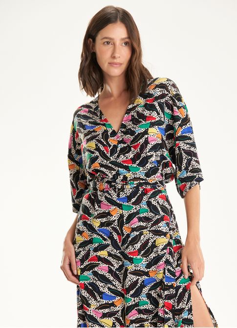 Vestido transpassado estampado passaredo