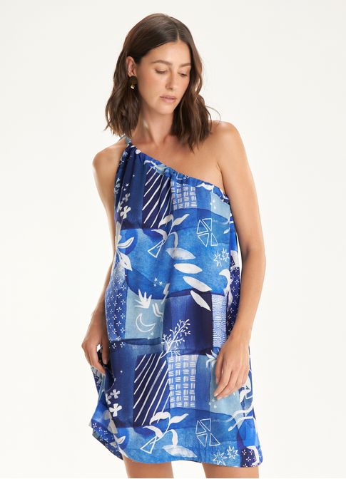 Vestido amplo ombro estampado índigo