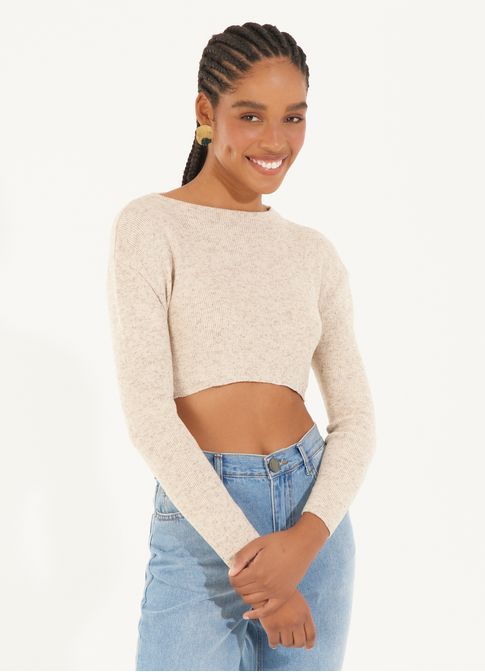 Blusa tricô canelada manga longa areia