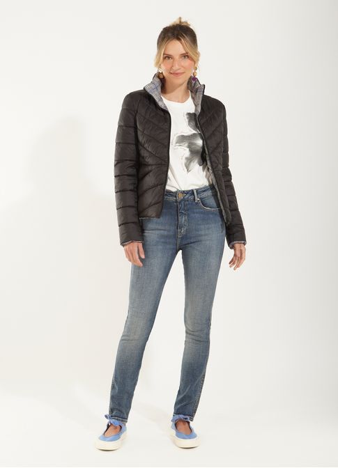 Calca jeans a skinny pesponto duplo caqui