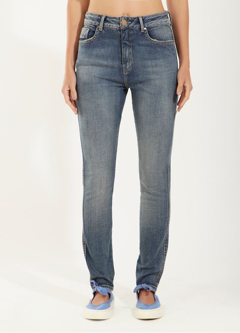 Calca jeans a skinny pesponto duplo caqui