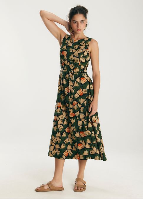 Vestido de linho midi estampado asas