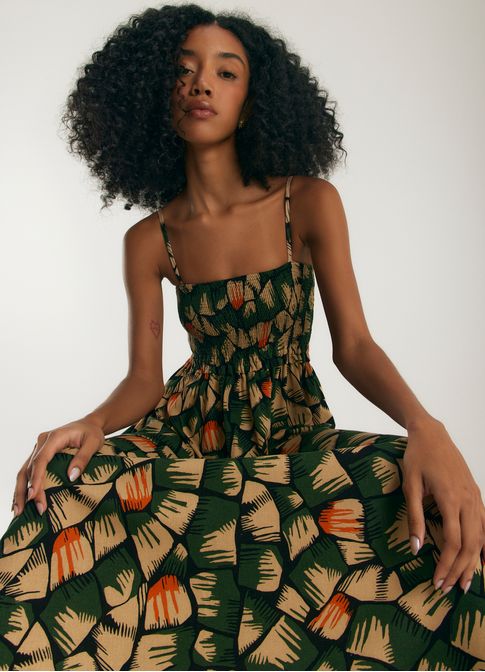 Vestido de linho longo estmapado asas
