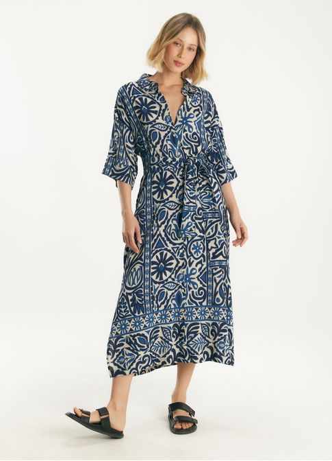 Vestido chemisier de linho estampado valência