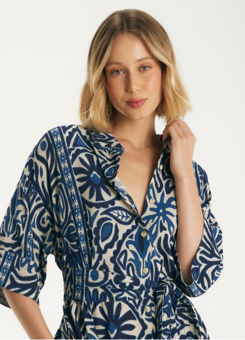 Vestido chemisier de linho estampado valência