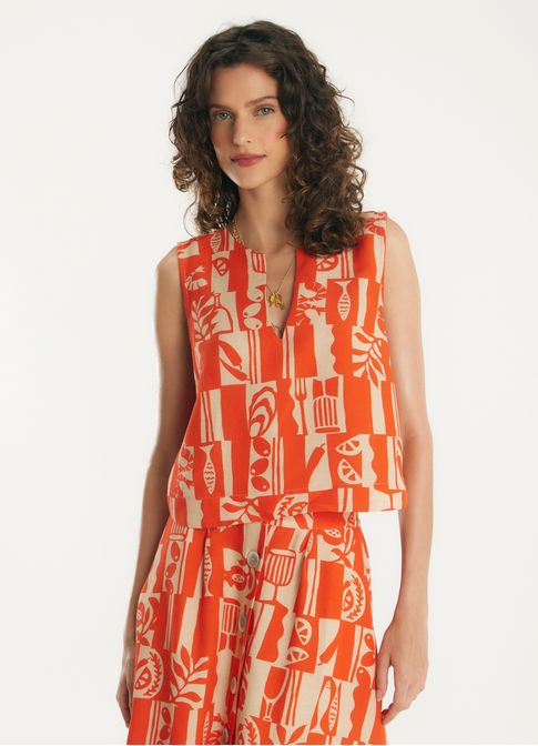 Blusa de linho estampada tapas