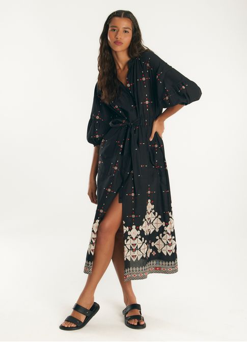 Vestido midi algodão maxi bordado mouro