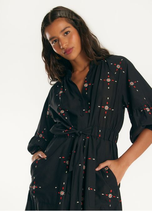Vestido midi algodão maxi bordado mouro