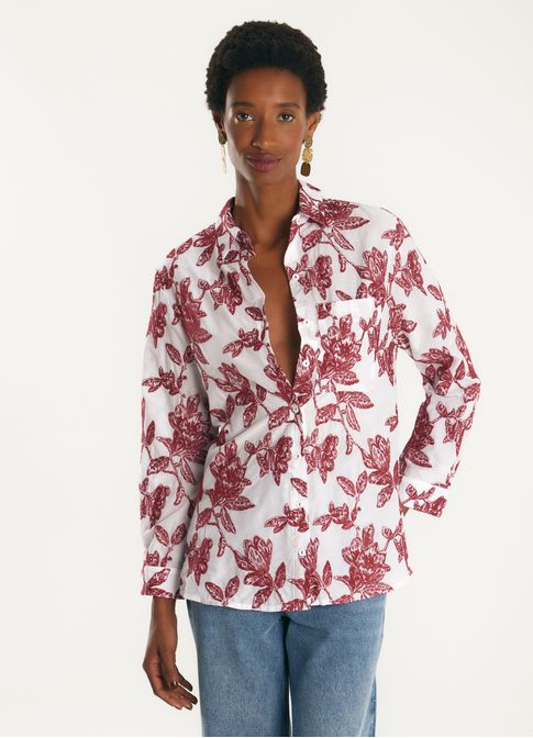 Camisa voil algodão bordado floral movimento