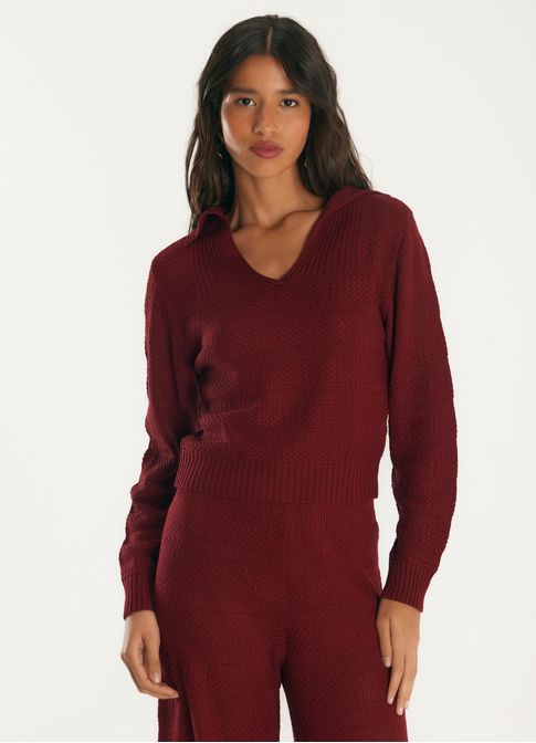 Camisa polo manga longa tricot vinho