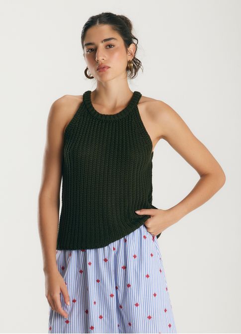 Regata decote alto tricô verde escuro
