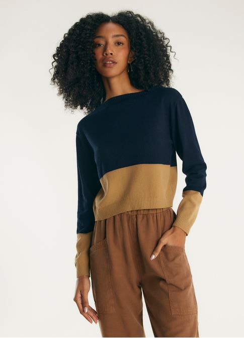 Blusa bicolor tricô azul marinho