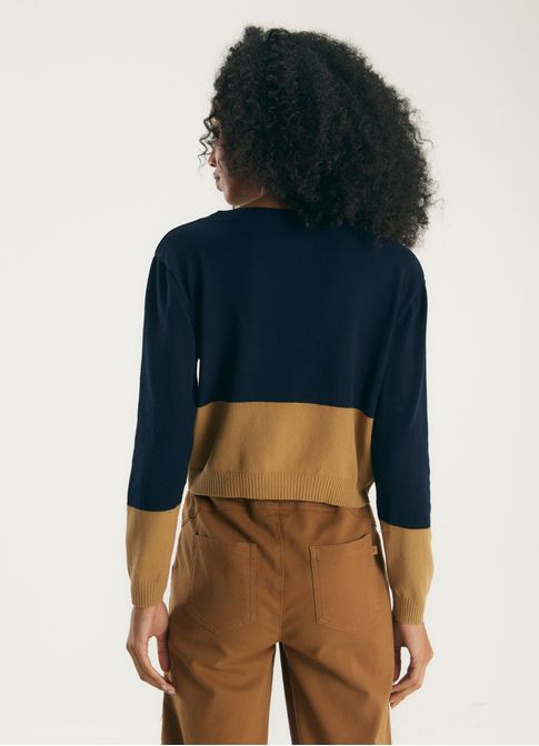 Blusa bicolor tricô azul marinho