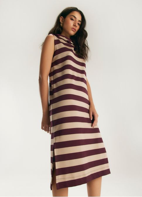 Vestido malha listras gola alta areia